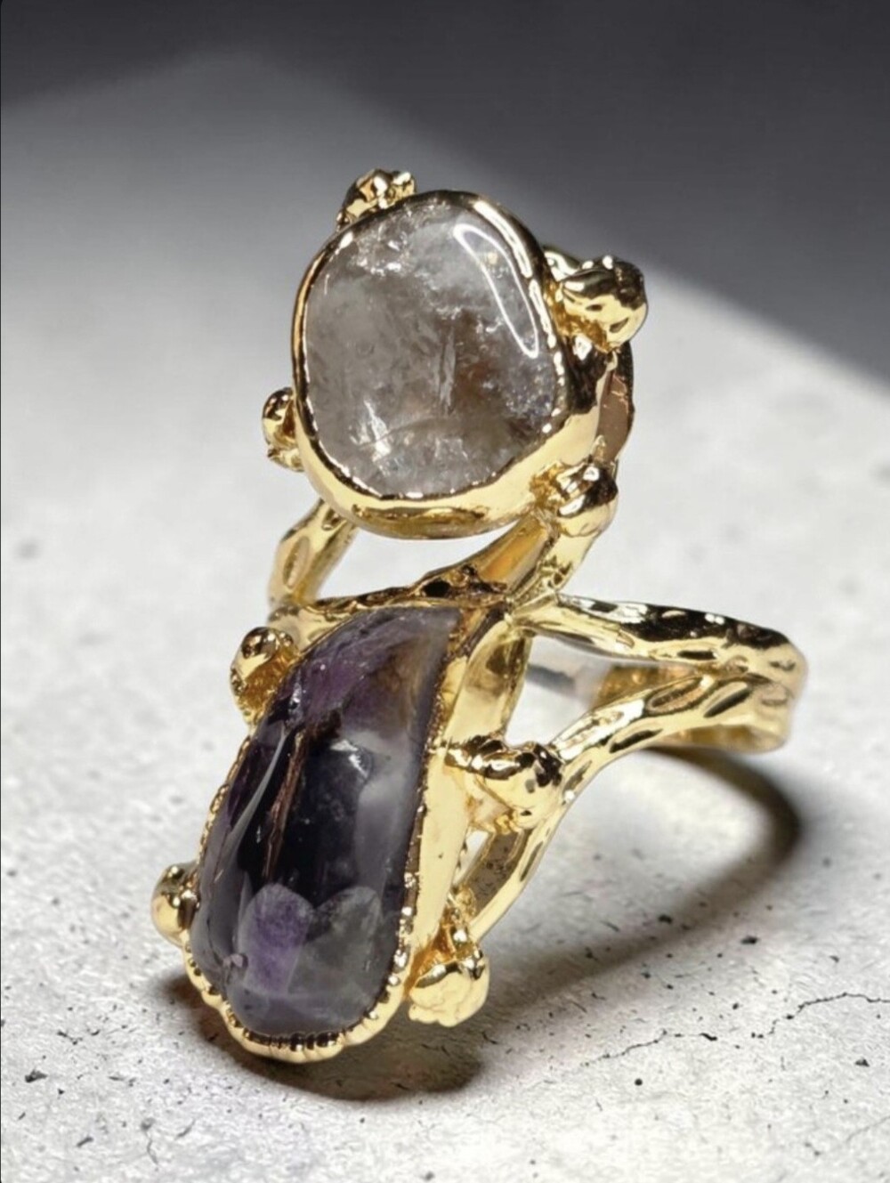 Exquisite 18k Gold Plated Artisan Genuine Amethyst Crystal Free Form Branch Ring